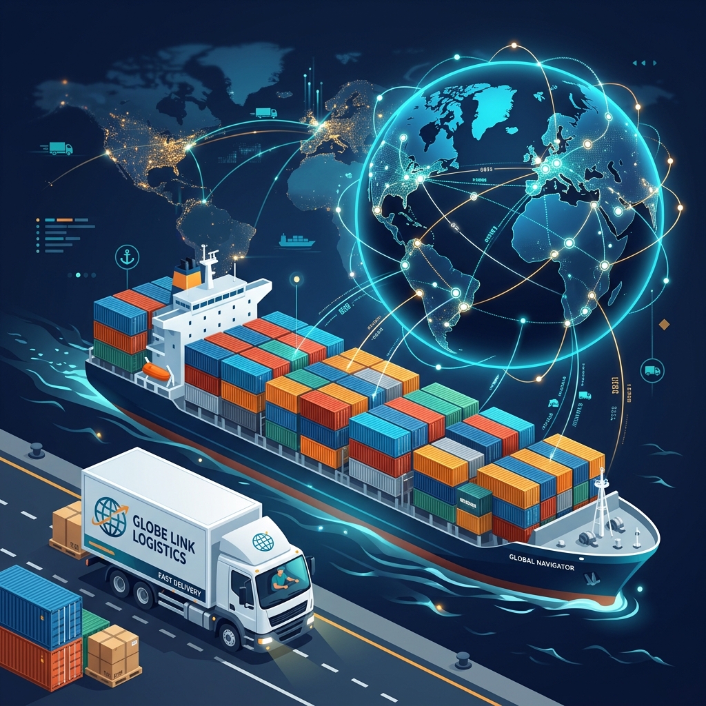 Global Trade Illustration with cargo ship, container truck and globe